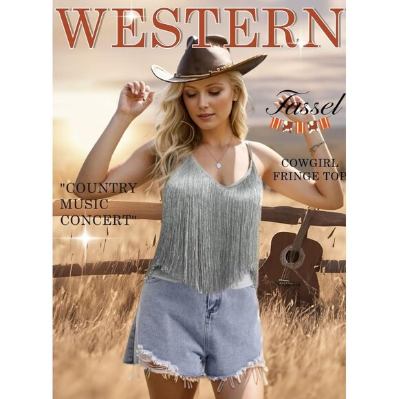 Women's Silver Fringe Tank Top Western Festival Clothing Cowgirl V Neck Outfits - Picture 2 of 6
